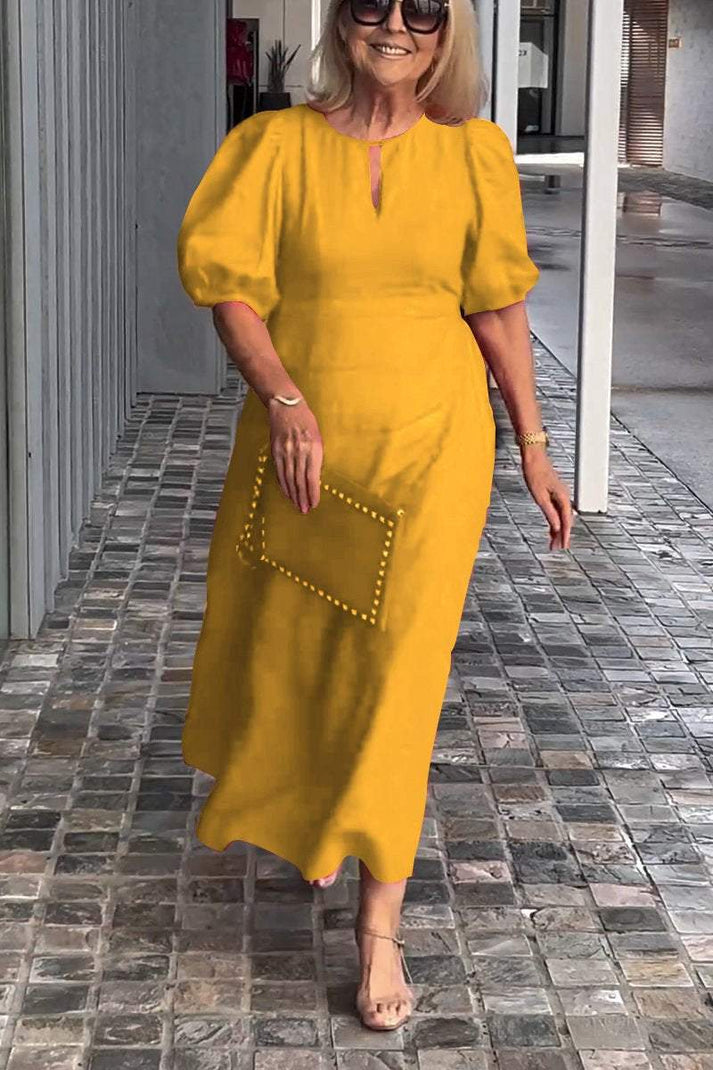 Damen Midikleid – A-Linie – Puffärmel – Keyhole-Ausschnitt – Natürliche Fasern