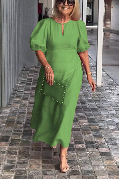Damen Midikleid – A-Linie – Puffärmel – Keyhole-Ausschnitt – Natürliche Fasern