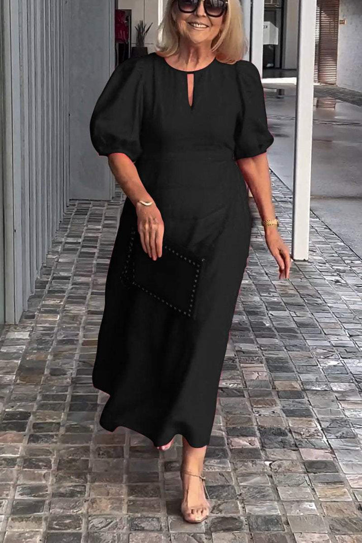 Damen Midikleid – A-Linie – Puffärmel – Keyhole-Ausschnitt – Natürliche Fasern