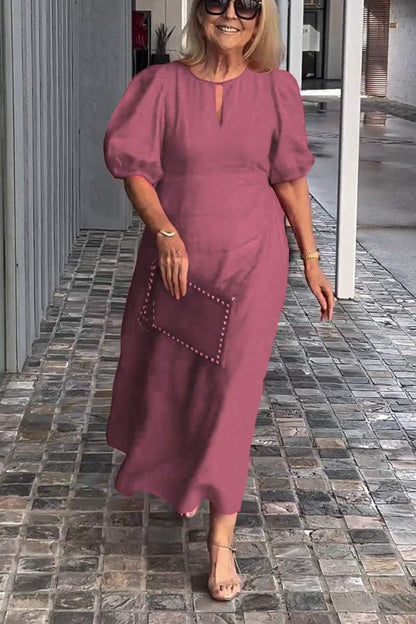 Damen Midikleid – A-Linie – Puffärmel – Keyhole-Ausschnitt – Natürliche Fasern