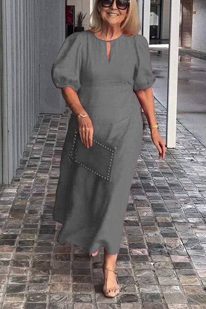 Damen Midikleid – A-Linie – Puffärmel – Keyhole-Ausschnitt – Natürliche Fasern