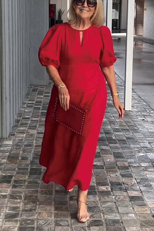 Damen Midikleid – A-Linie – Puffärmel – Keyhole-Ausschnitt – Natürliche Fasern
