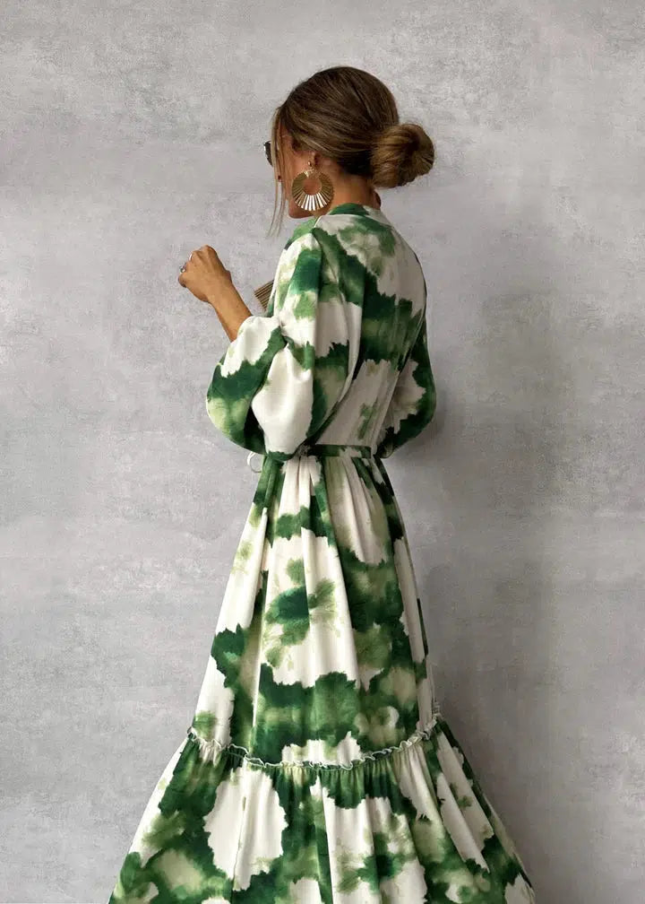 Damen Maxikleid – V-Ausschnitt – Langarm – Fließend – Tailliert – Atmungsaktive Qualität
