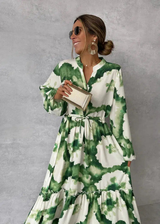 Damen Maxikleid – V-Ausschnitt – Langarm – Fließend – Tailliert – Atmungsaktive Qualität