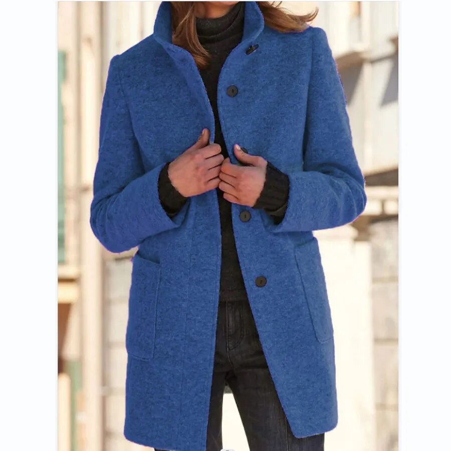 Damen Mantel – Wollstoff – Taillierte Passform – Hoher Kragen – Mittellang