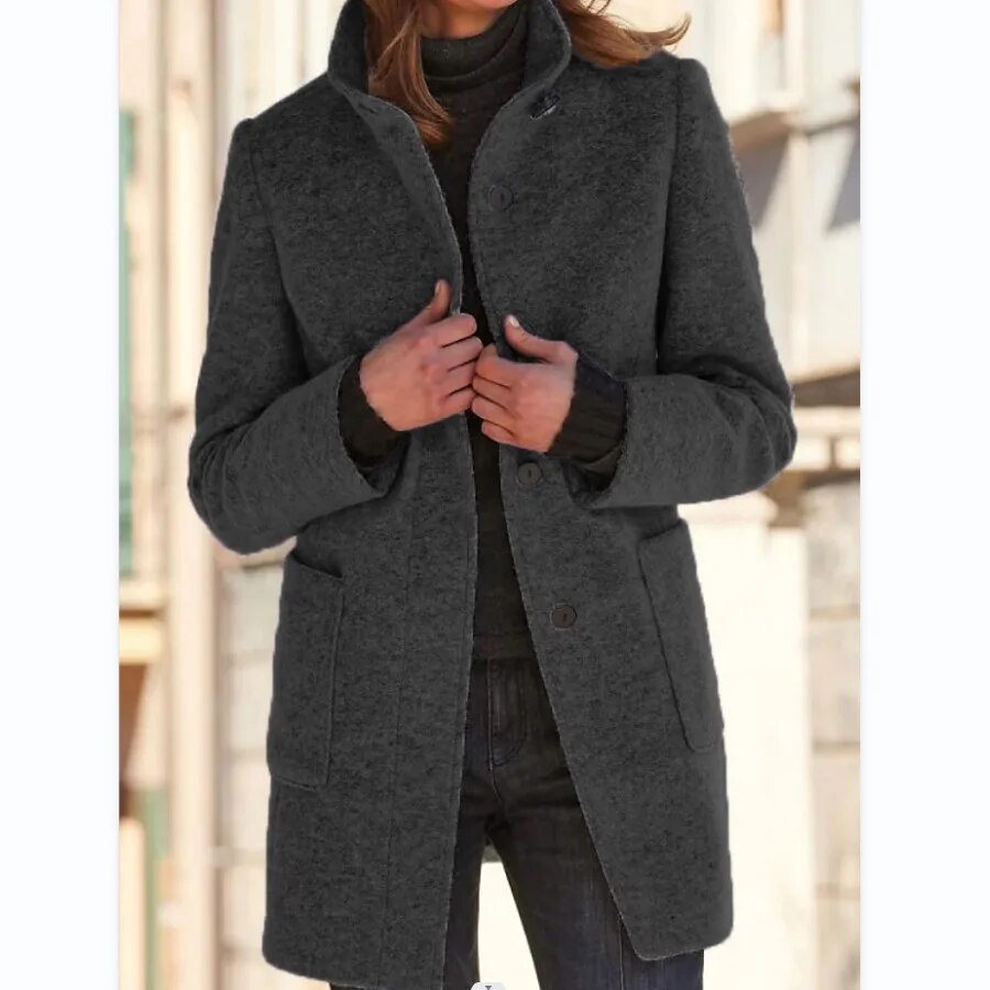 Damen Mantel – Wollstoff – Taillierte Passform – Hoher Kragen – Mittellang