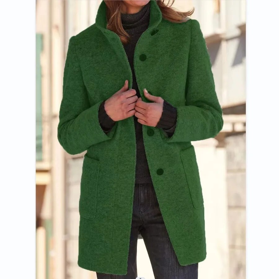 Damen Mantel – Wollstoff – Taillierte Passform – Hoher Kragen – Mittellang