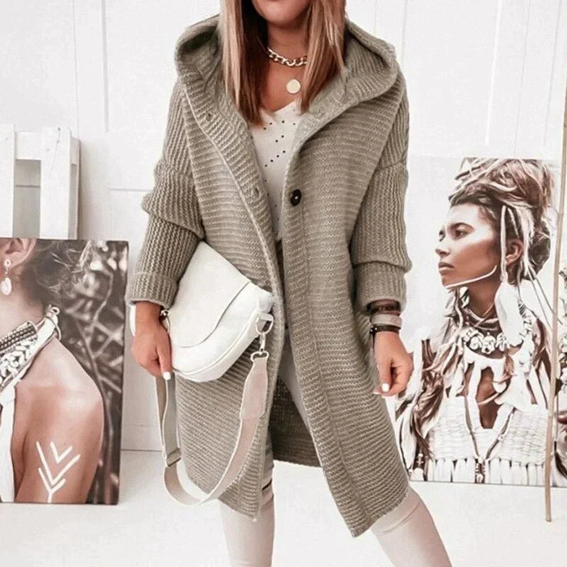 Damen Strickjacke mit Kapuze – Wollmix – Lockerer Schnitt – Lang – Knopfverschluss