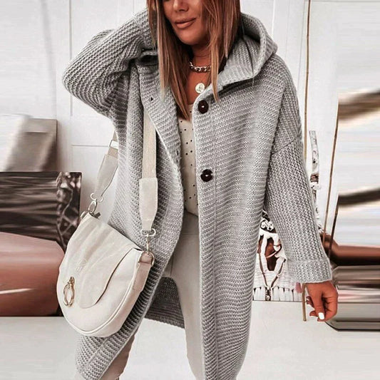Damen Strickjacke mit Kapuze – Wollmix – Lockerer Schnitt – Lang – Knopfverschluss
