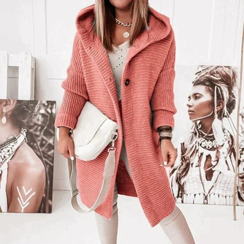 Damen Strickjacke mit Kapuze – Wollmix – Lockerer Schnitt – Lang – Knopfverschluss