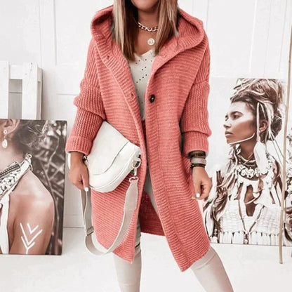 Damen Strickjacke mit Kapuze – Wollmix – Lockerer Schnitt – Lang – Knopfverschluss