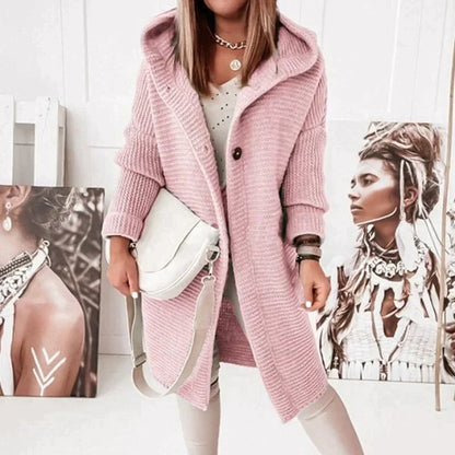 Damen Strickjacke mit Kapuze – Wollmix – Lockerer Schnitt – Lang – Knopfverschluss