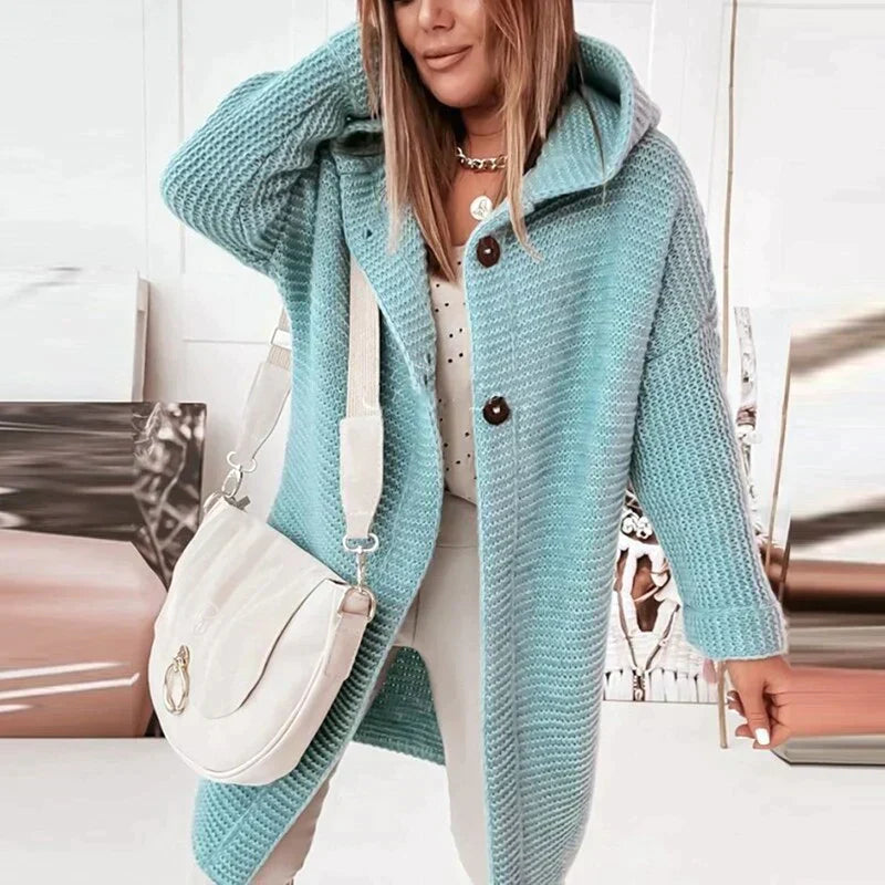 Damen Strickjacke mit Kapuze – Wollmix – Lockerer Schnitt – Lang – Knopfverschluss