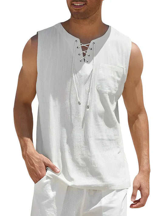 Herren Tanktop – Relaxed Fit – Atmungsaktive Mischung – Schnür-Front – Brusttasche
