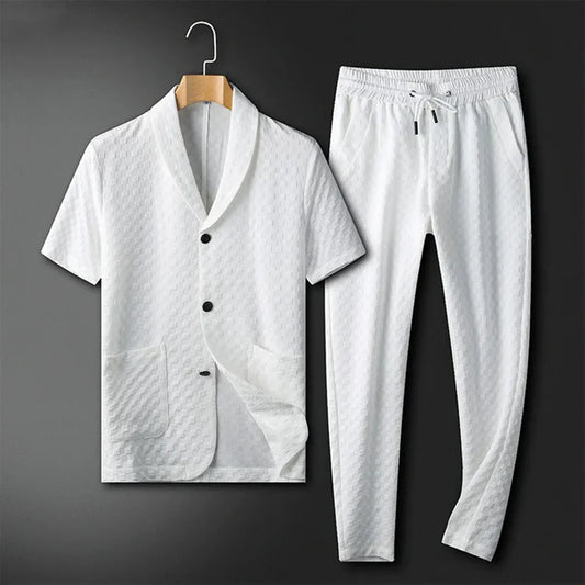 Herren Lounge Set – Lockerer Schnitt – Atmungsaktives Gewebe – Kurzarm mit Kordelzughose