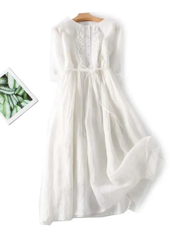 Damen Midikleid – Natürliche Fasern – A-Linie – Gürtel – Knopfleiste – Rüschen