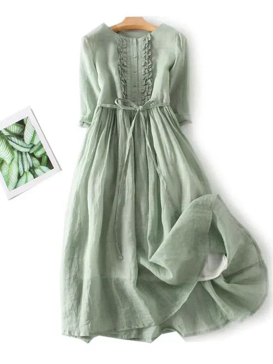 Damen Midikleid – Natürliche Fasern – A-Linie – Gürtel – Knopfleiste – Rüschen