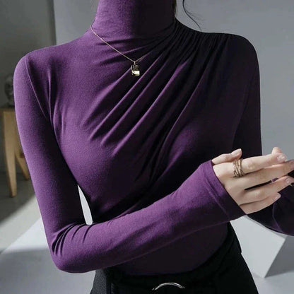Damen Rollkragen Oberteil – Figurbetont – Stretch – Raffung – Langarm Eleganz