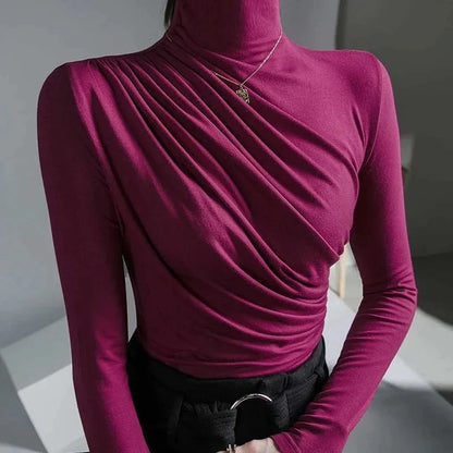 Damen Rollkragen Oberteil – Figurbetont – Stretch – Raffung – Langarm Eleganz