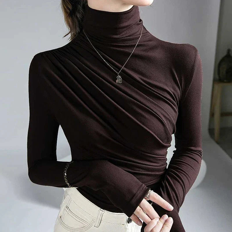 Damen Rollkragen Oberteil – Figurbetont – Stretch – Raffung – Langarm Eleganz