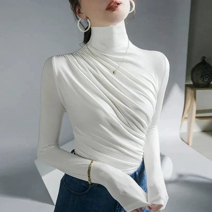 Damen Rollkragen Oberteil – Figurbetont – Stretch – Raffung – Langarm Eleganz