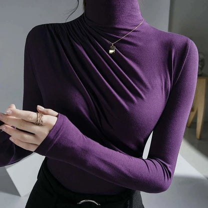 Damen Rollkragen Oberteil – Figurbetont – Stretch – Raffung – Langarm Eleganz