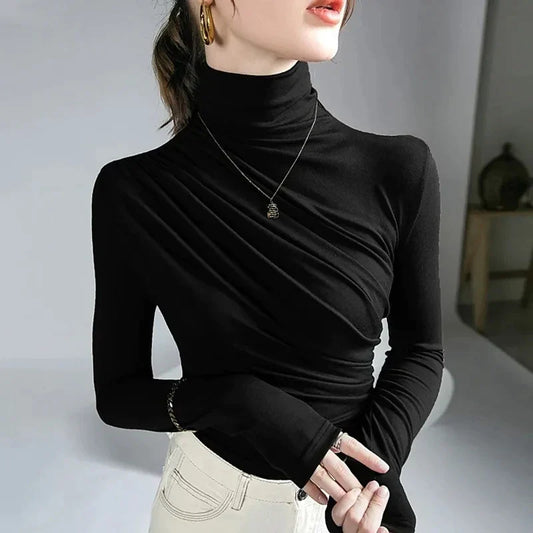 Damen Rollkragen Oberteil – Figurbetont – Stretch – Raffung – Langarm Eleganz
