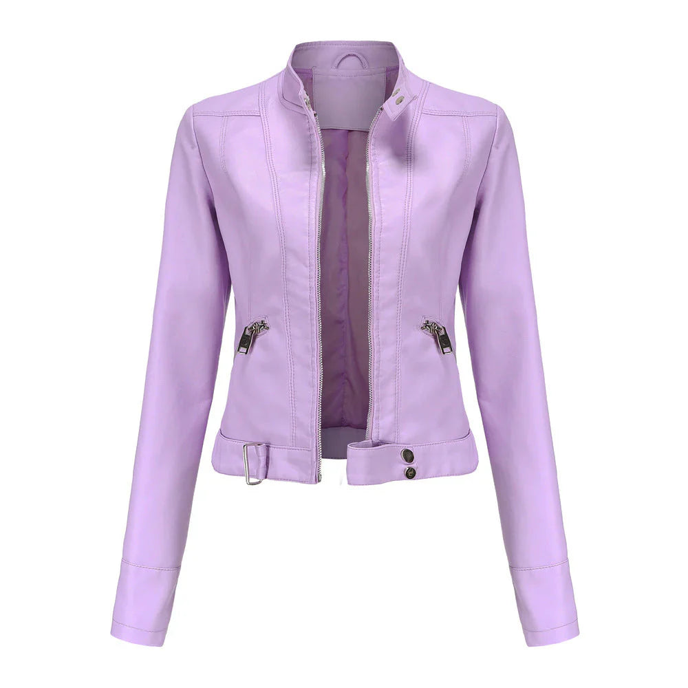 Damen Lederjacke – Slim Fit – Zipperfront – Stehkragen – Taillenlänge – Ziertaschen