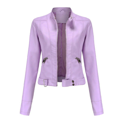 Damen Lederjacke – Slim Fit – Zipperfront – Stehkragen – Taillenlänge – Ziertaschen