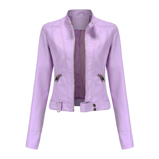 Damen Lederjacke – Slim Fit – Zipperfront – Stehkragen – Taillenlänge – Ziertaschen