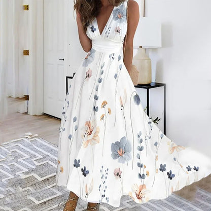 Damen Maxikleid – Luftiger Schnitt – Ärmellos – V-Ausschnitt – Blumenmuster