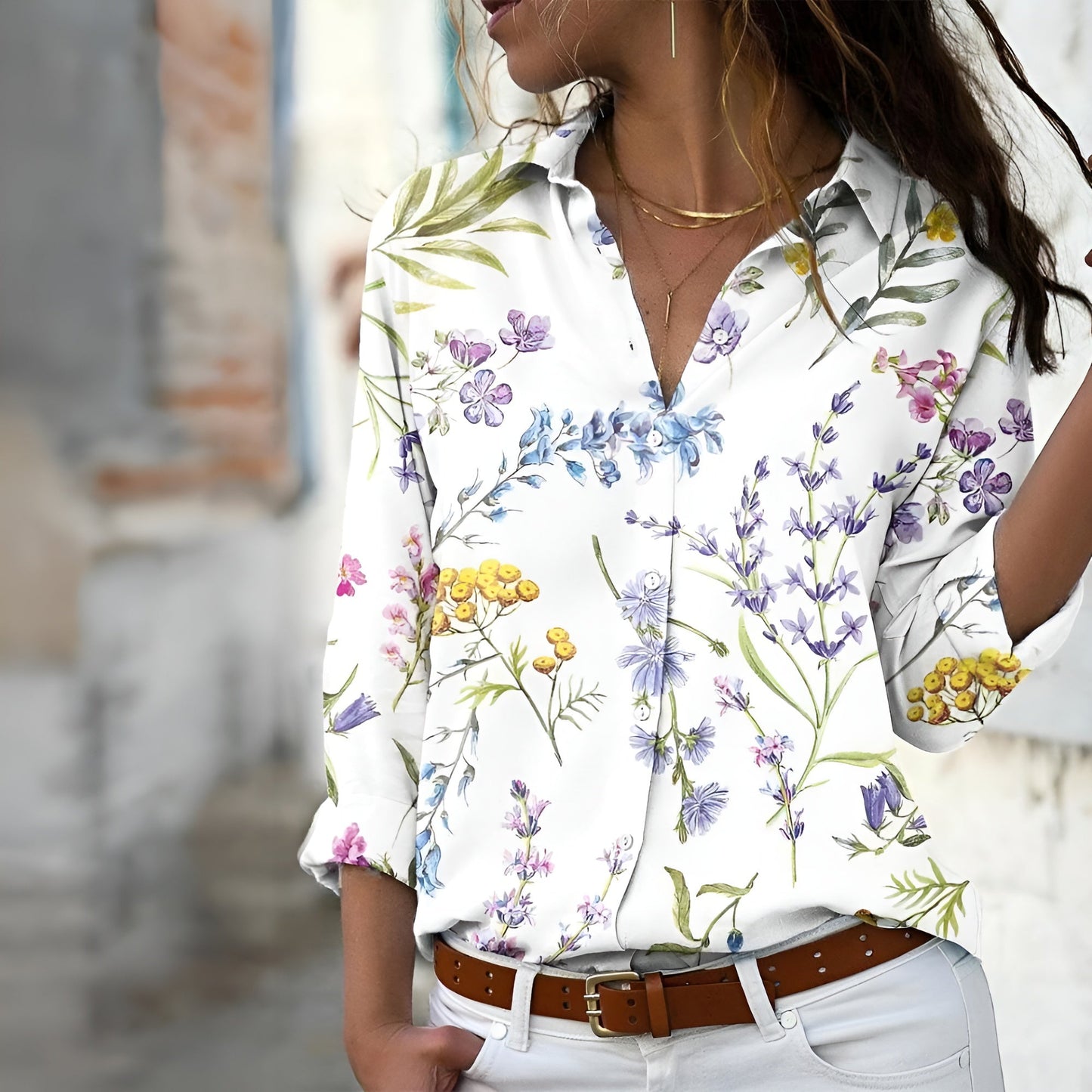 Damen Bluse – Relaxed Fit – Atmungsaktiver Stoff – Patchwork Muster – Langarm Hemdbluse