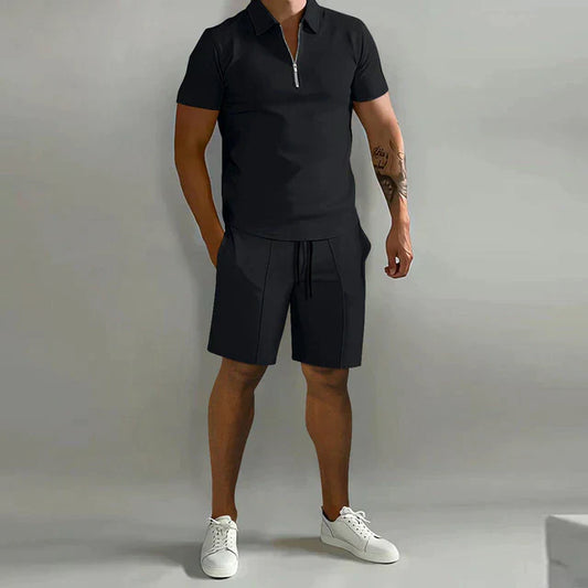 Herren Polo-Shorts-Set – Slim Fit Oberteil – Relaxed Fit Shorts – Zipperkragen – Atmungsaktive Mischung