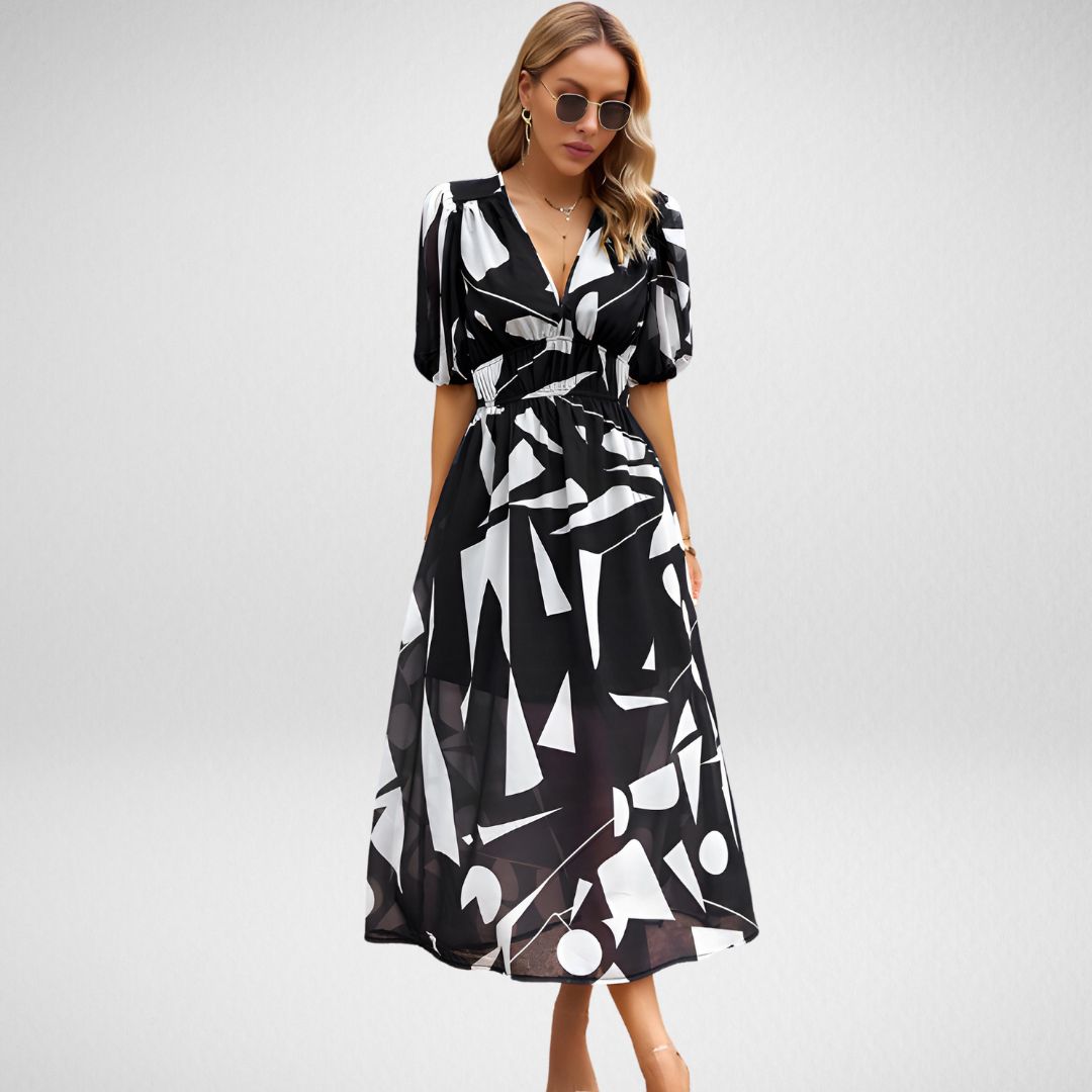 Damen Maxikleid – Fließender Schnitt – Puffärmel – V-Ausschnitt – Atmungsaktive Faser – Geometrisches Muster