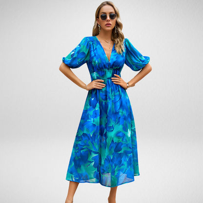 Damen Maxikleid – Fließender Schnitt – Puffärmel – V-Ausschnitt – Atmungsaktive Faser – Geometrisches Muster