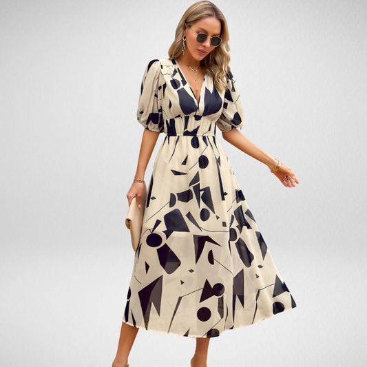 Damen Maxikleid – Fließender Schnitt – Puffärmel – V-Ausschnitt – Atmungsaktive Faser – Geometrisches Muster