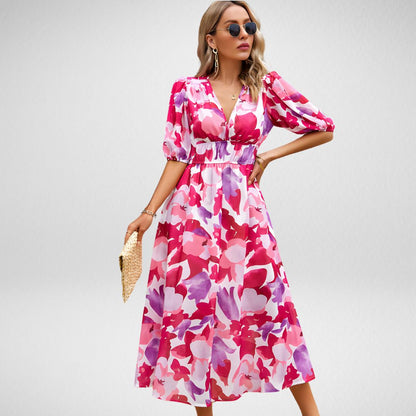 Damen Maxikleid – Fließender Schnitt – Puffärmel – V-Ausschnitt – Atmungsaktive Faser – Geometrisches Muster