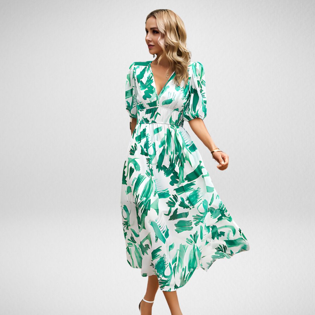 Damen Maxikleid – Fließender Schnitt – Puffärmel – V-Ausschnitt – Atmungsaktive Faser – Geometrisches Muster
