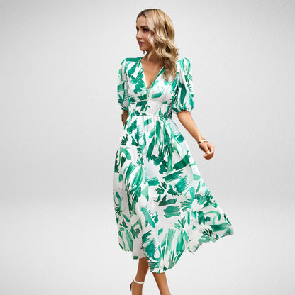Damen Maxikleid – Fließender Schnitt – Puffärmel – V-Ausschnitt – Atmungsaktive Faser – Geometrisches Muster