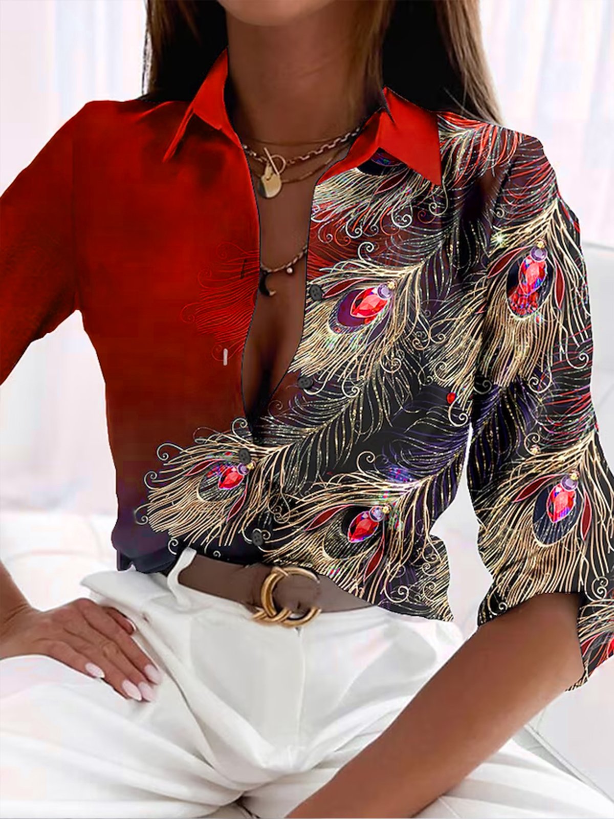 Damen Bluse – Luxusstoff – Taillierte Passform – Federprint – Knopfverschluss