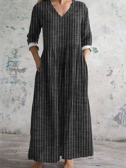 Damen Maxikleid – Naturfasern – Lockere Passform – V-Ausschnitt – Langarm – Gestreift
