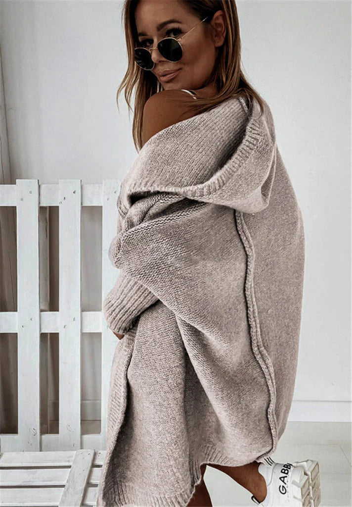 Damen Strickcardigan – Oversize Passform – Wollmix – Kapuze – Offene Front – Langform
