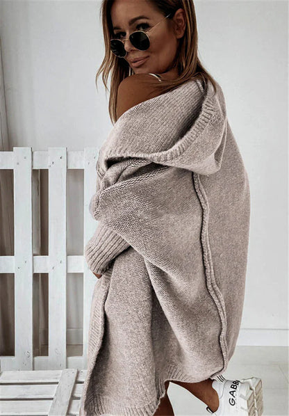 Damen Strickcardigan – Oversize Passform – Wollmix – Kapuze – Offene Front – Langform