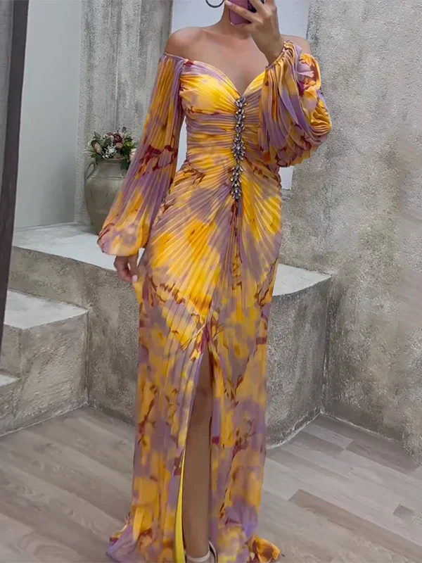 Damen Abendkleid – Off Shoulder – V-Ausschnitt – Ballonärmel – Eleganter Faltenwurf