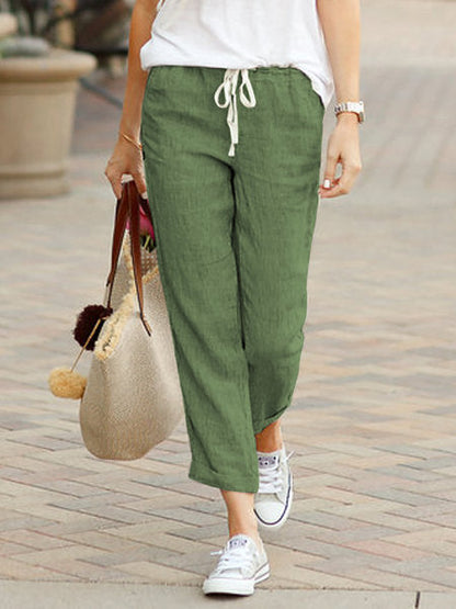 Damen Hose – Relaxed Fit – Naturfaser – Kordelzug – Knöchellang – Freizeitlook
