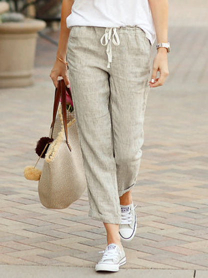 Damen Hose – Relaxed Fit – Naturfaser – Kordelzug – Knöchellang – Freizeitlook