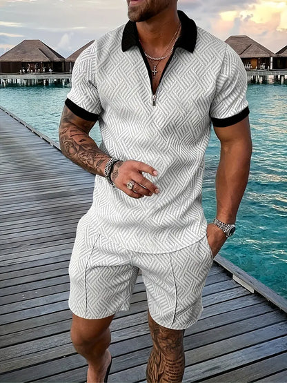 Herren Polo Set – Slim Fit – Atmungsaktives Gewebe – Reißverschlusskragen – Freizeitlook
