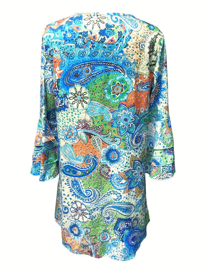 Damen Boho Kleid – Fließend Locker – V-Ausschnitt – Bellärmel – Atmungsaktive Qualität
