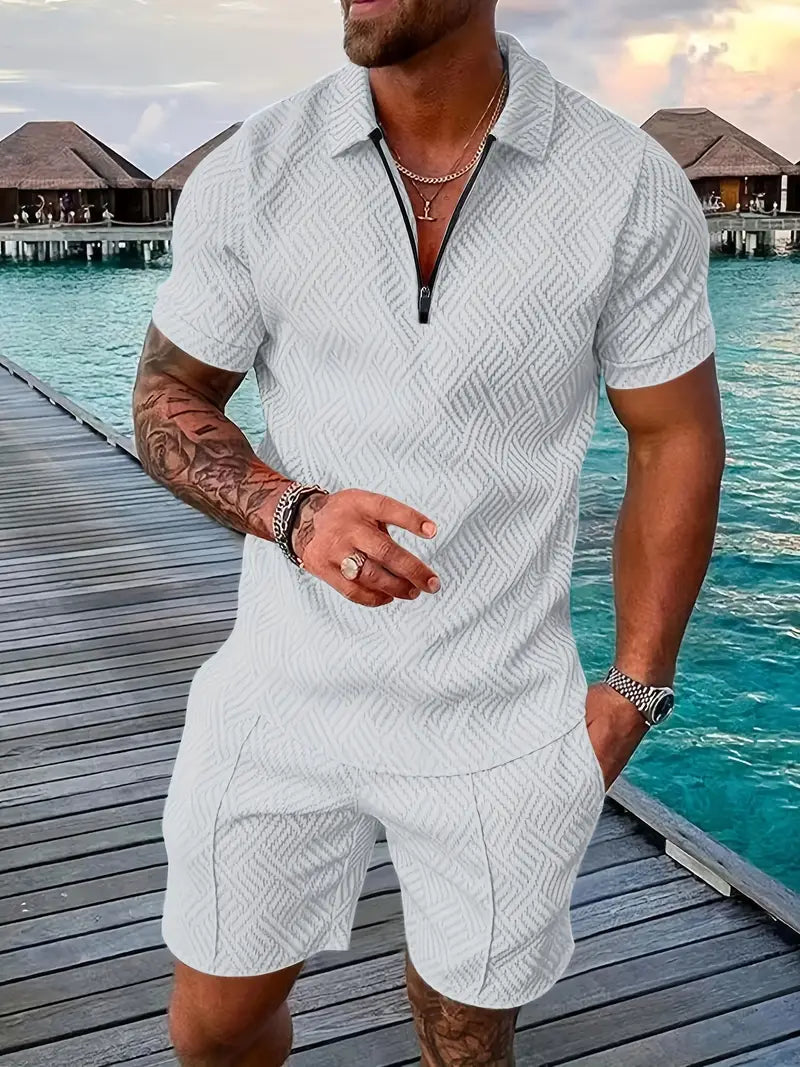 Herren Polo Set – Slim Fit – Atmungsaktives Gewebe – Reißverschlusskragen – Freizeitlook