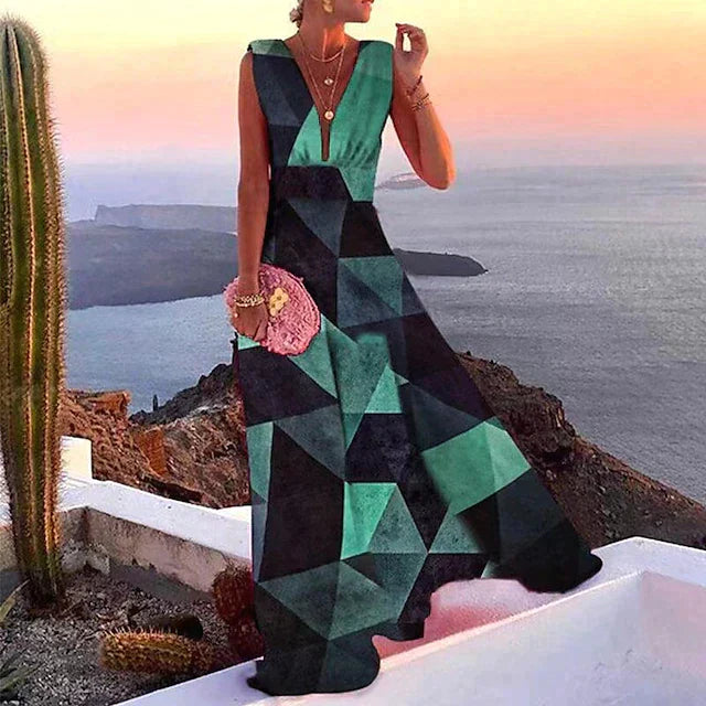 Damen-Maxikleid – Fließender Schnitt – Ärmellos – Tiefer V-Ausschnitt – Blumenmuster – Atmungsaktive Mischung